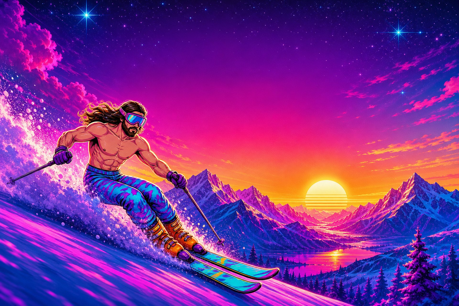 Jesus skiing into a neon sunset