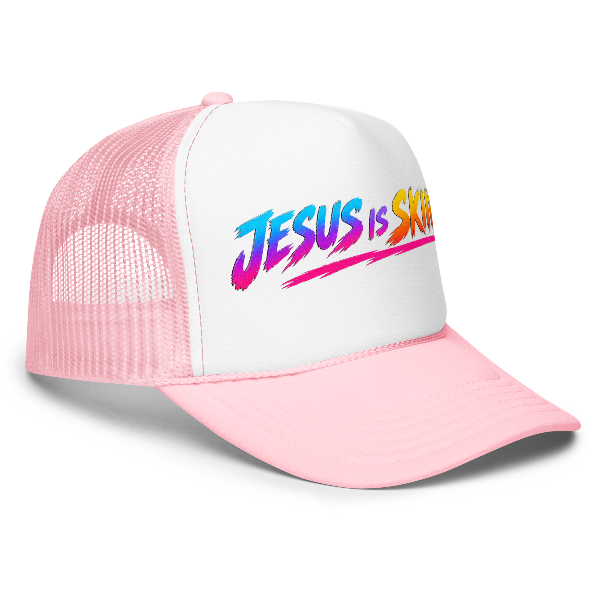 SKIING – Trucker Hat — Light Pink White Light Pink, Right Front view