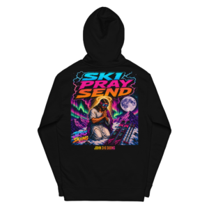 JC – Ski, Pray, Send – Medallion – Hoodie – Black, Back view | Jesus Is Skiing