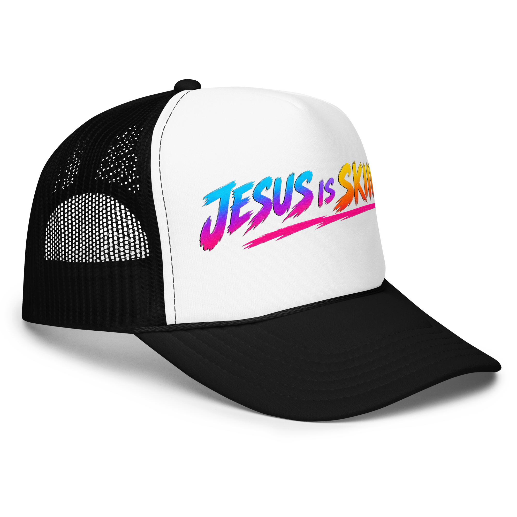 SKIING – Trucker Hat — Black White Black, Right Front view