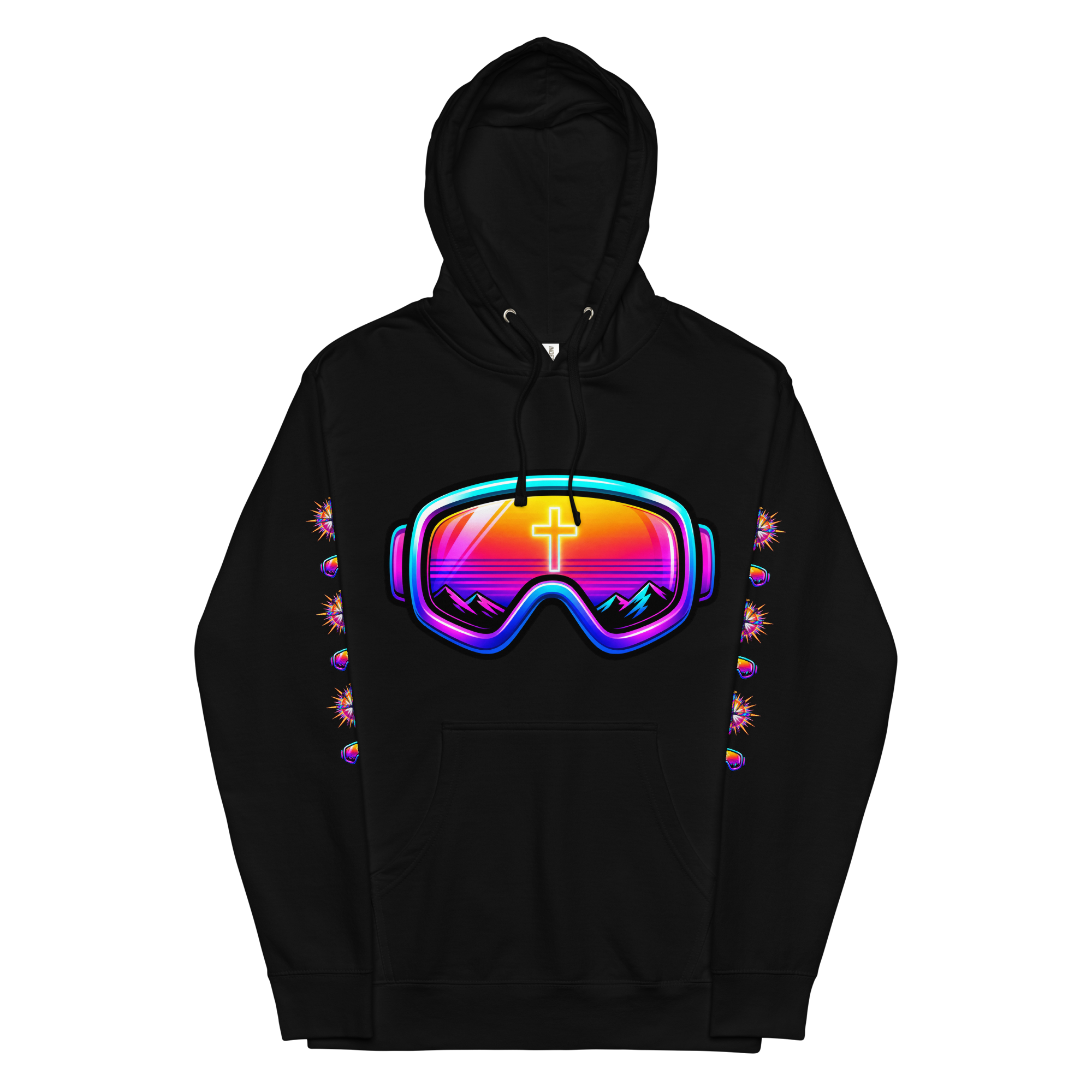 JC – Ski, Pray, Send – Goggles – Hoodie – Black, Front view | Jesus Is Skiing