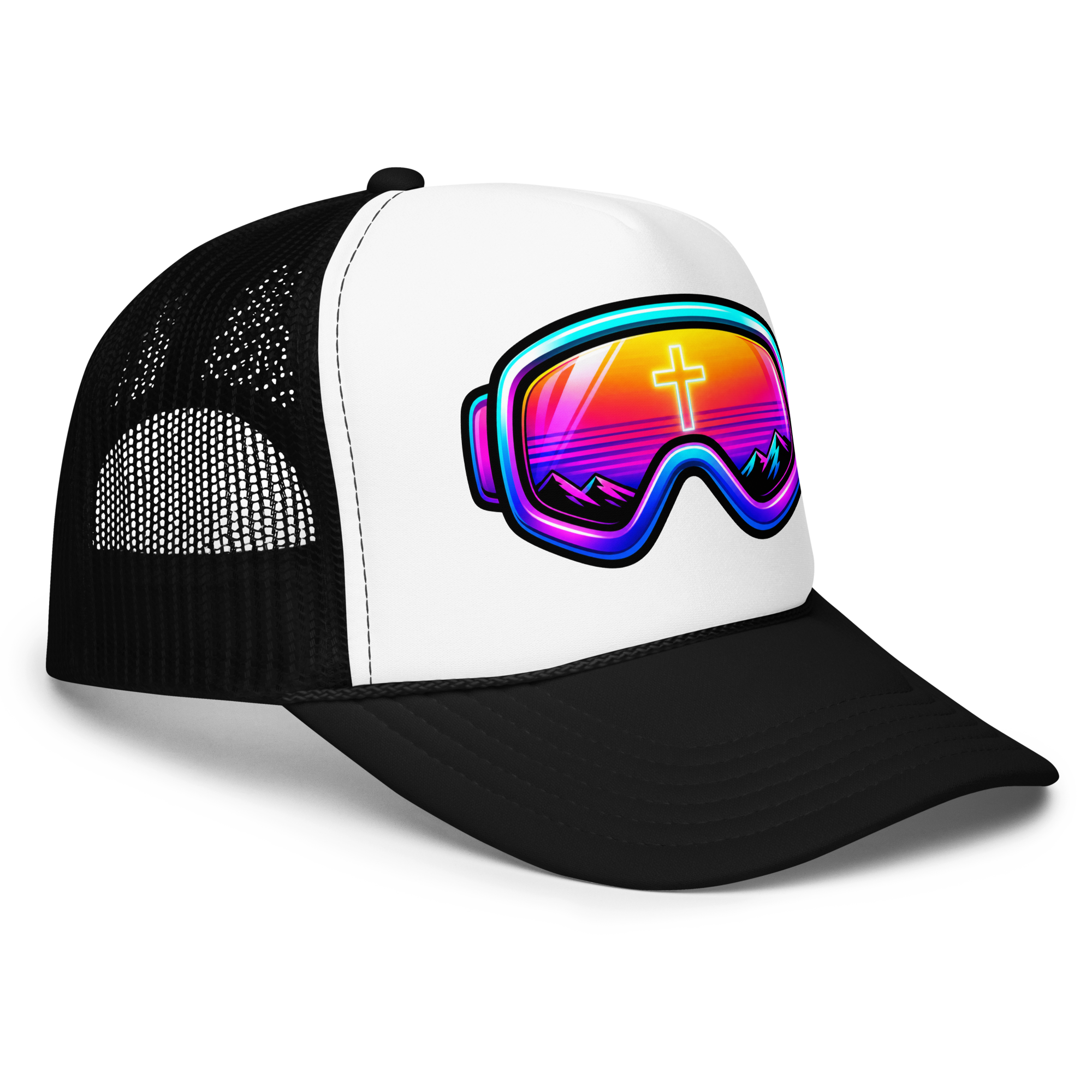 GOGGLES – Trucker Hat — Black White Black, Right Front view