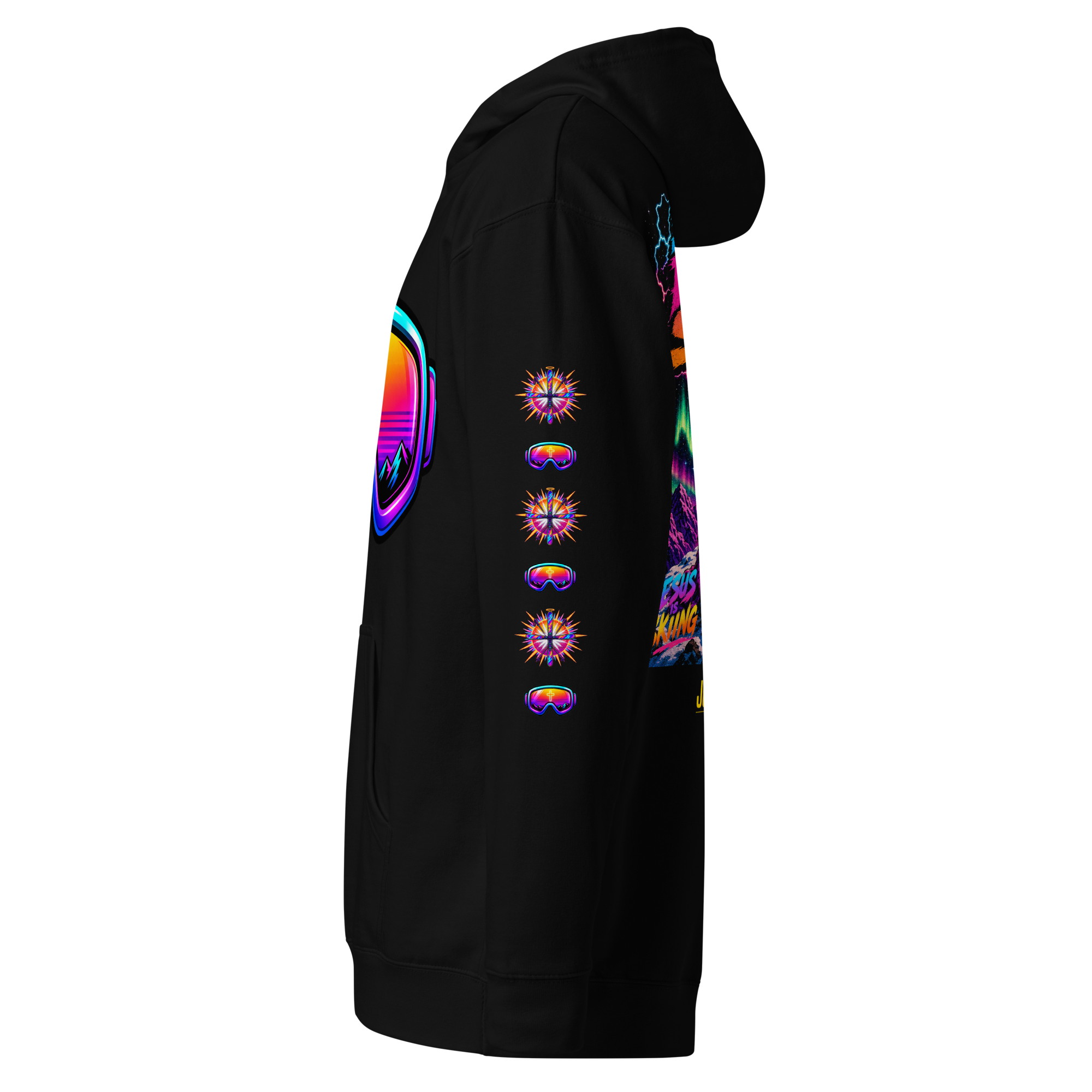 JC – Ski, Pray, Send – Goggles – Hoodie – Black, Left view | Jesus Is Skiing