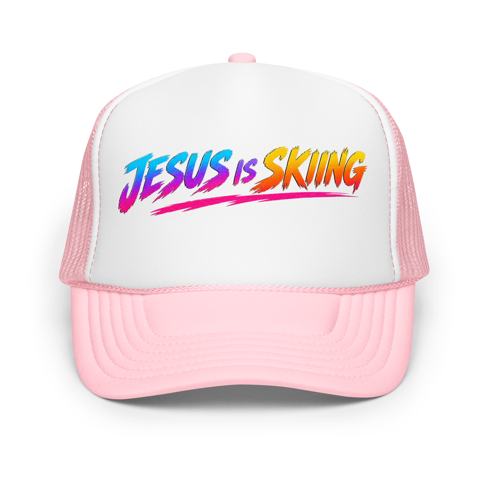SKIING – Trucker Hat — Light Pink White Light Pink, Front view