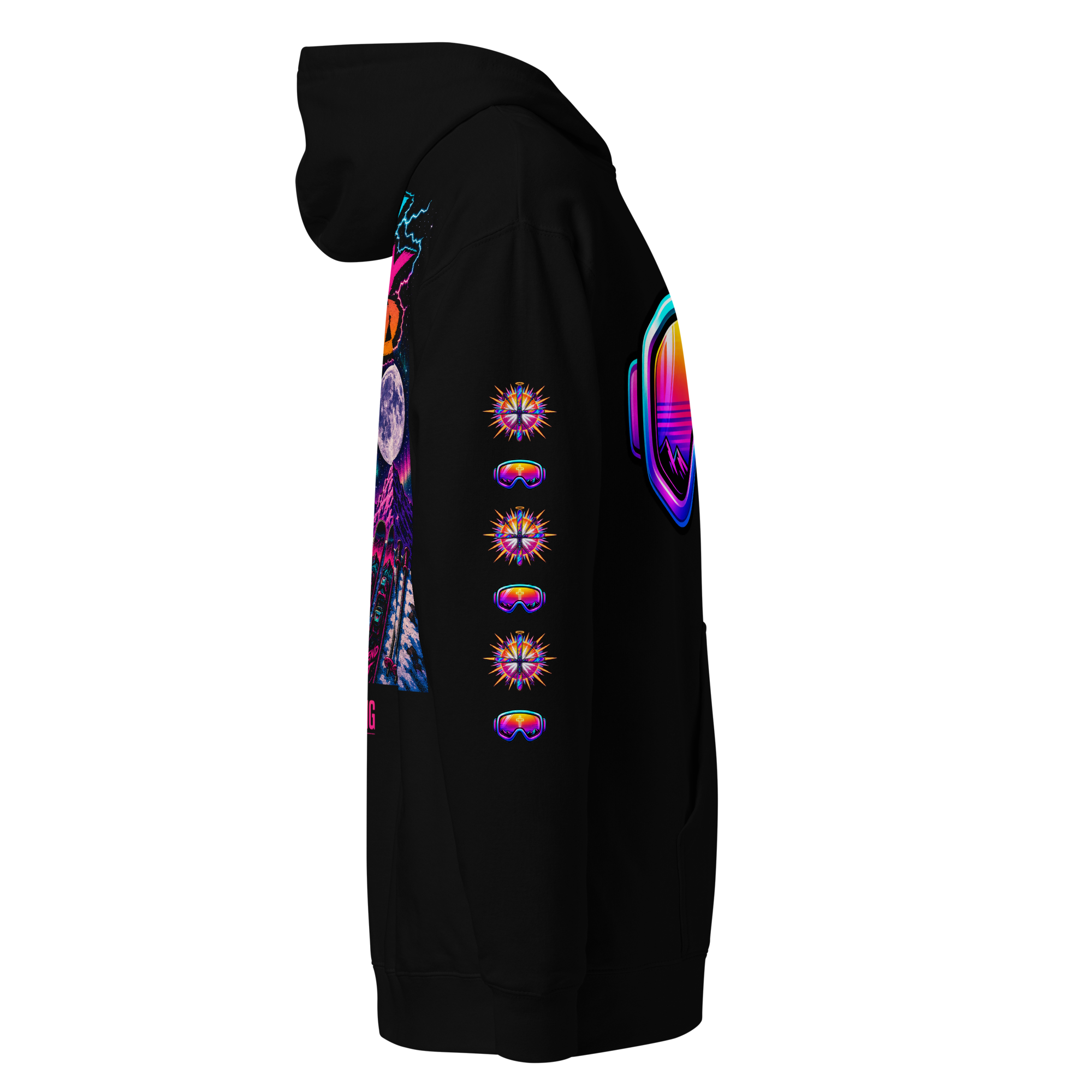 JC – Ski, Pray, Send – Goggles – Hoodie – Black, Right view | Jesus Is Skiing