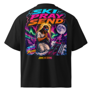 JC – Ski, Pray, Send – Medallion – t-shirt – Back view | Jesus Is Skiing