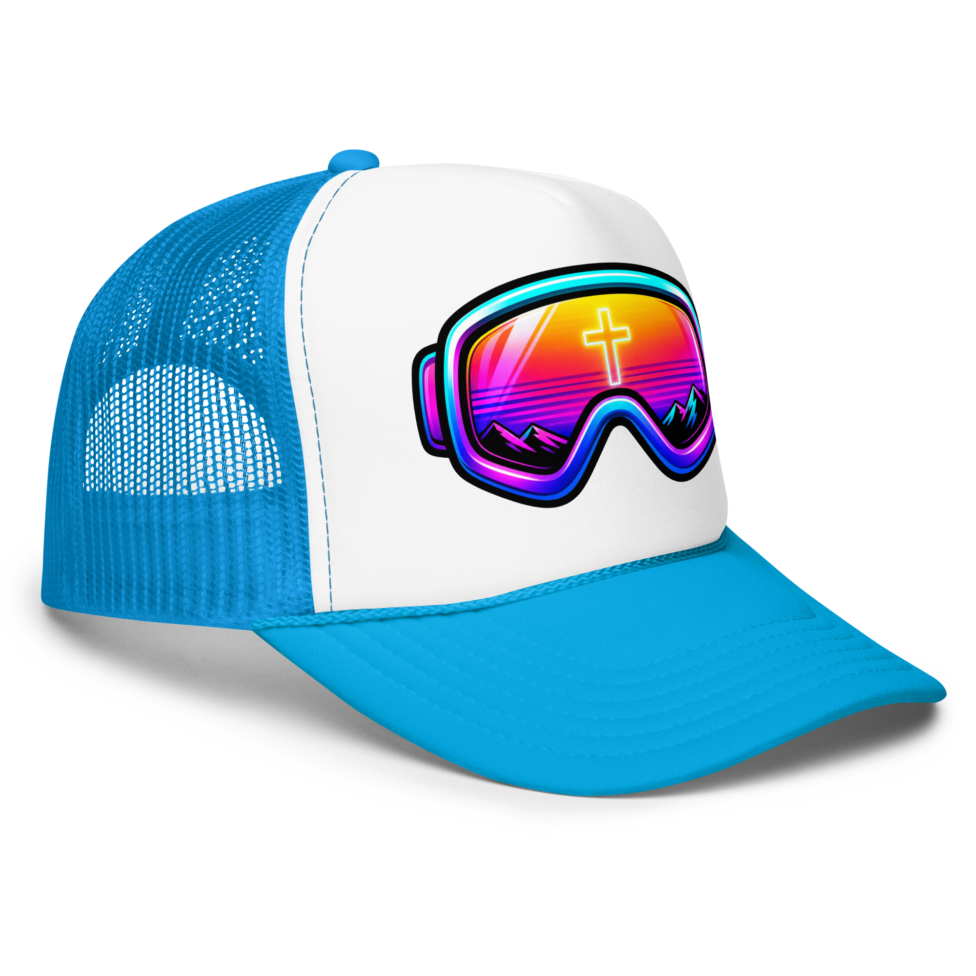 GOGGLES – Trucker Hat — Blue White Blue, Right Front view