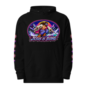 ICONS – Medallion Front – Hoodie – Black, Front view | Jesus Is Skiing