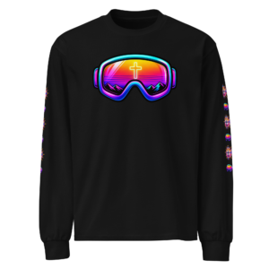GOGGLES – long sleeve T – Black, Front view | Jesus Is Skiing